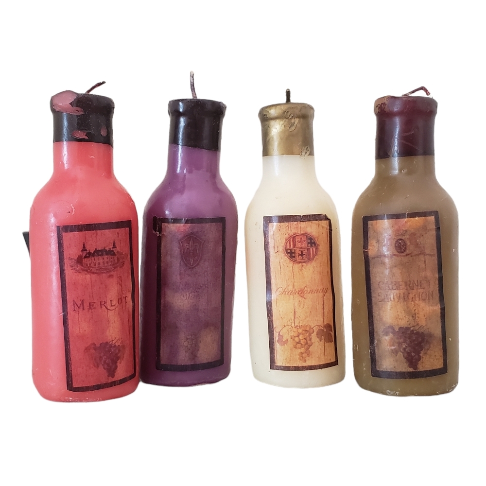 Wine Bottle Candles Package Of 4 New! Purple Beige Red Olive Green